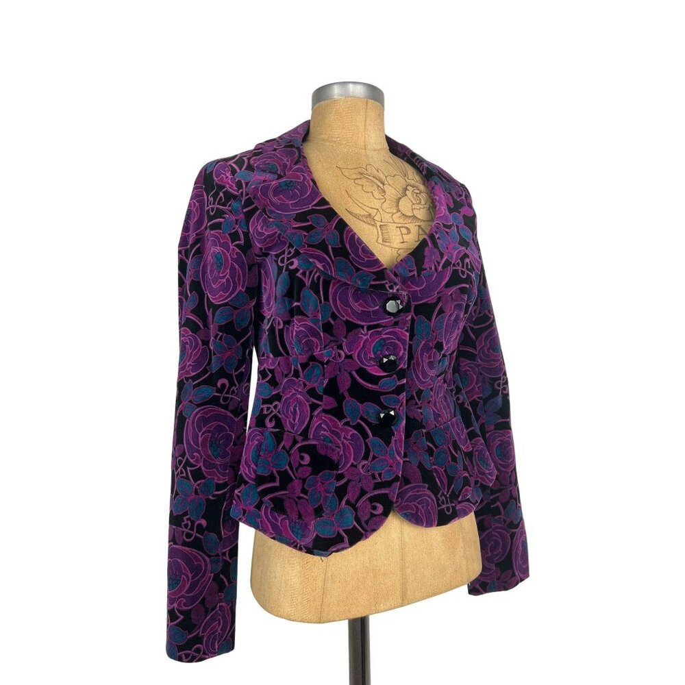 Nanette Lepore Jacket Purple Blue Black Floral Velvet Blazer Authentic Vintage N